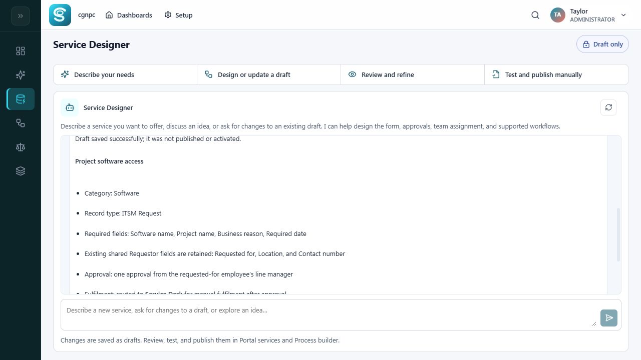 Service Designer saves a Project software access draft with required fields and manager approval